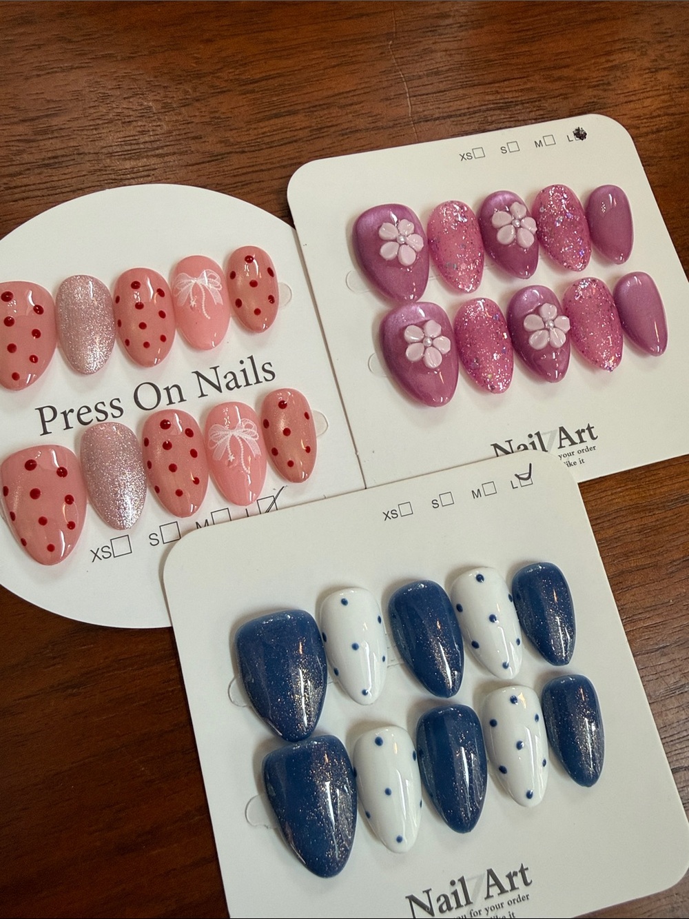 Press-On Nail Set - Pink, Purple & Blue Designs 3d short large